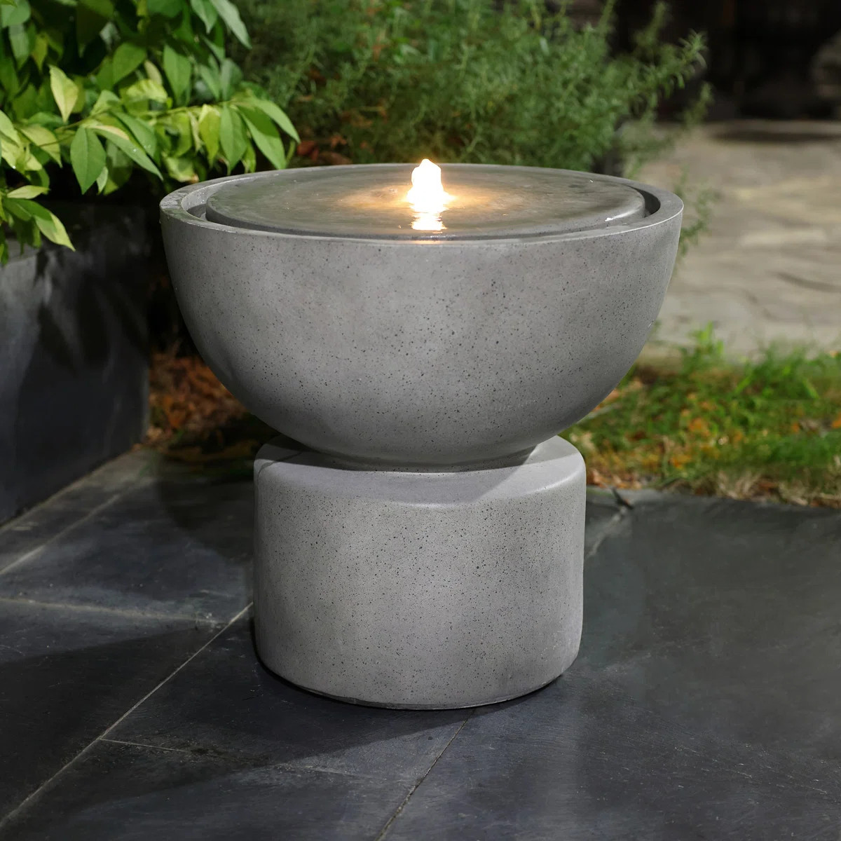 Gray with Speckled Black Resin Round Bubbler 18.5" Tall Outdoor Fountain with Lights | Wayfair North America