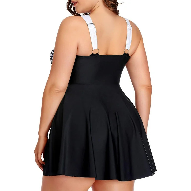 Chama Women's Plus Size Flowy Swimdress Retro Printed Swimsuit Empire Waist Tankini Bathing Suits | Walmart (US)