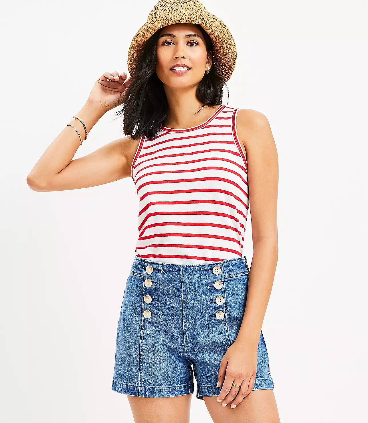 High Rise Denim Sailor Shorts in Mid Wash | LOFT