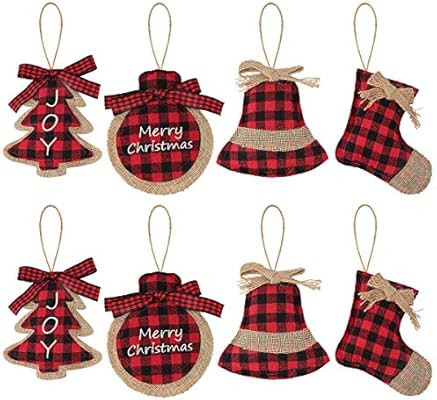 Ivenf Christmas Decorations Tree Ornament, 8 Pcs Red Black Buffalo Check Plaid Stitching Burlap H... | Amazon (US)