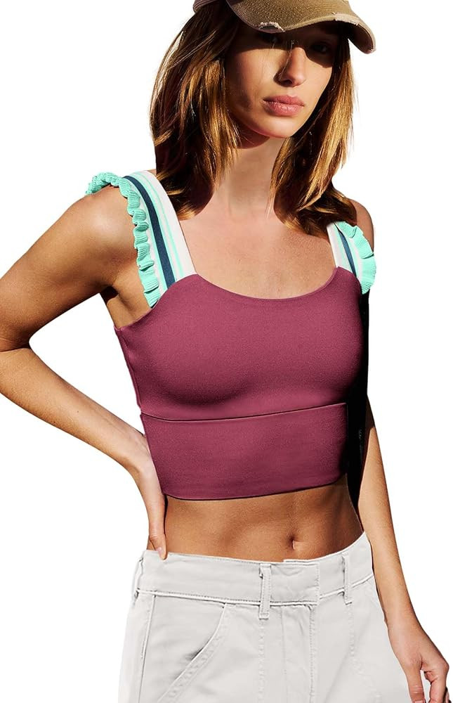 LAMISSCHE Womens Cropped Tank Tops Workout Sleeveless Stretchy Camisole Cute Ruffle Wide Strap Cu... | Amazon (US)
