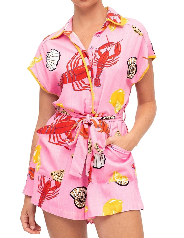 Aonoapll Women Button Down Short Jumpsuit Short Sleeve V Neck Loose Fit Rompers Boho Summer Belte... | Amazon (US)