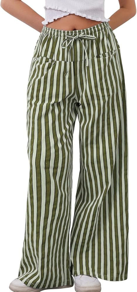 Kissonic Women Striped Pants Casual Drawstring Wide Leg Trousers Loose Lounge Pajama Pants with P... | Amazon (US)