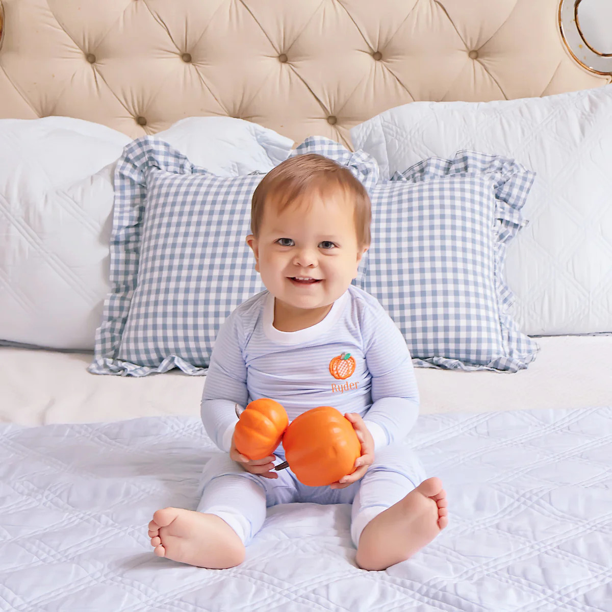 Pumpkin Applique Blue Stripe Pajamas | Classic Whimsy