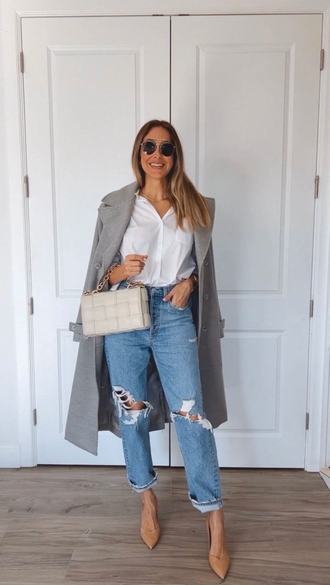 Perfect casual chic outfit for a work lunch. 
These distressed jeans are amazing. 
They fit true to size, I am wearing a size 27. 
For your reference, I am 5’9”.