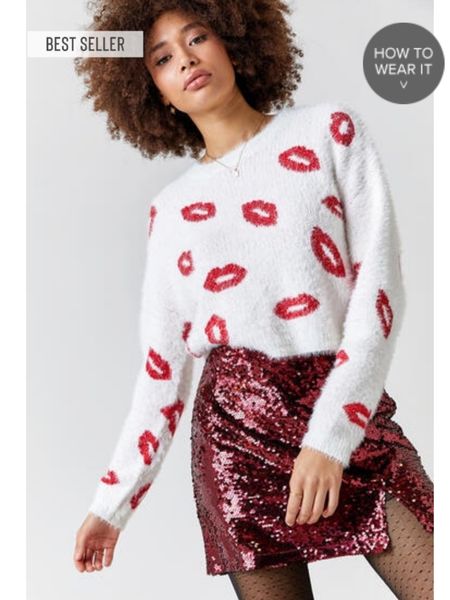 Fuzzy lip sweater 
90s valentines 
Valentine sweater 
Cute valentines sweater 

#LTKsalealert #LTKworkwear #LTKSeasonal
