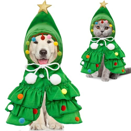 Christmas Dog Cloak, Pet Christmas Tree Costume Puppy Xmas Cape with Star and Pompoms, Dog Clothes for Small Medium Dogs Cats, Cosplay Party Dog Outfit Clothing Winter Hoodie Coat Apparel (Medium) | Amazon (US)
