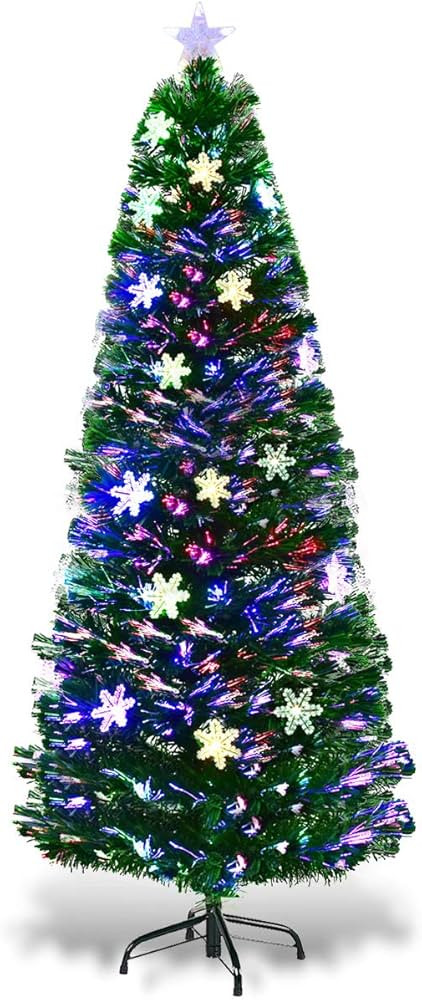 Goplus 6ft Fiber Optic Artificial Christmas Tree, Pre-Lit Xmas Tree with Colorful Snowflake LED L... | Amazon (US)