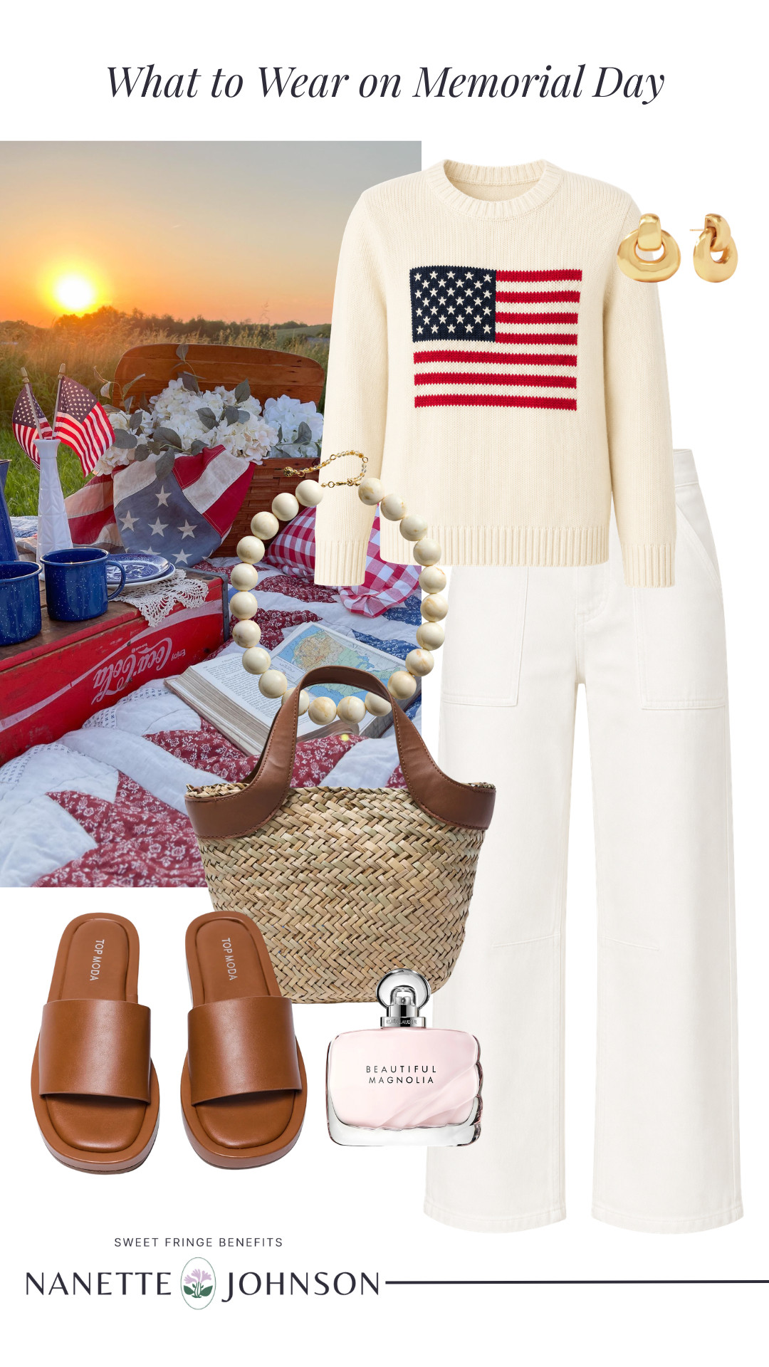 Memorial Day outfit inspiration ❤️🤍💙 A classic flag sweater, white denim, woven tote, and easy slide sandals make the perfect laid-back holiday weekend look.

#LTKootd #LTKOver40 #LTKSaleAlert