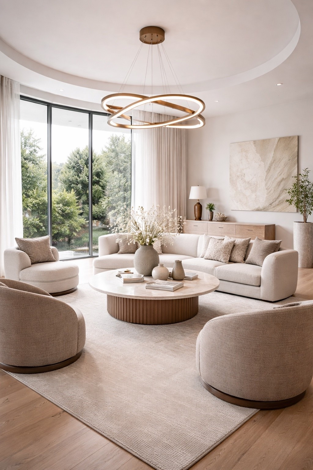 Elegant modern living room featuring a curved neutral sofa, cozy boucle lounge chairs, a round wood coffee table, and a sculptural LED chandelier. Large windows fill the space with natural light while soft beige tones, layered textures, and minimalist decor create a warm and luxurious interior perfect for modern home inspiration.

#modernlivingroom
#neutraldecor
#livingroominspo
#modernhome
#interiordesign
#luxurylivingroom
#homedecor
#minimalistdecor
#pinteresthome
#moderninterior
#cozyhome
#livingroomdecor
#ltkhome
#neutralhome
#homeinspiration