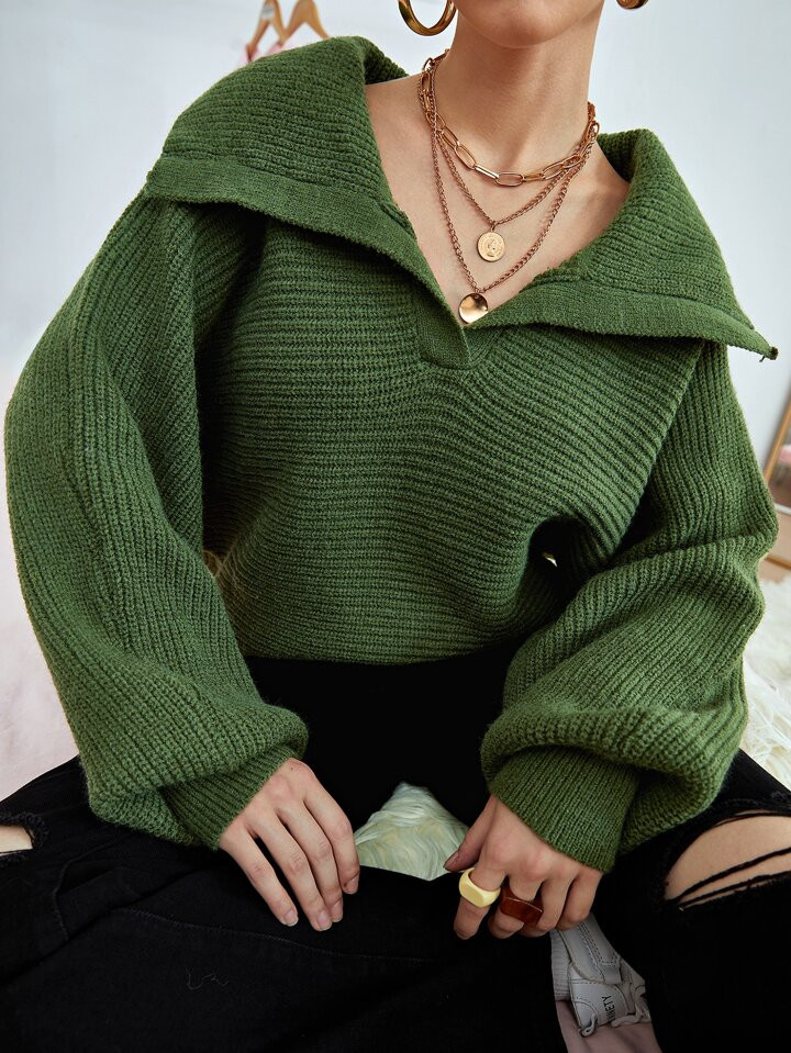 SHEIN EZwear Fold Collared Bishop Sleeve Sweater | SHEIN