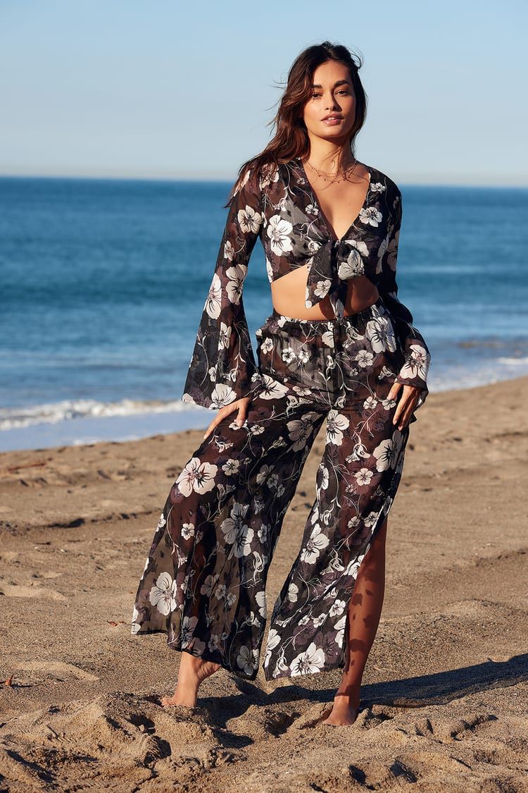 South Sea Sweetie Black and White Floral Sheer Swim Cover Up Set | Lulus