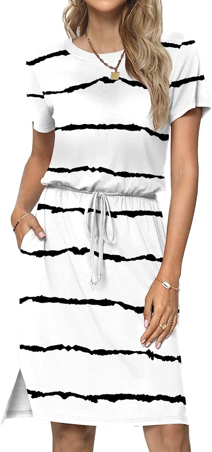 Anydoll 2022 Womens Summer Work Tshirt Dresses Casual Hide Belly Blousons Knee Length Dress with ... | Amazon (US)
