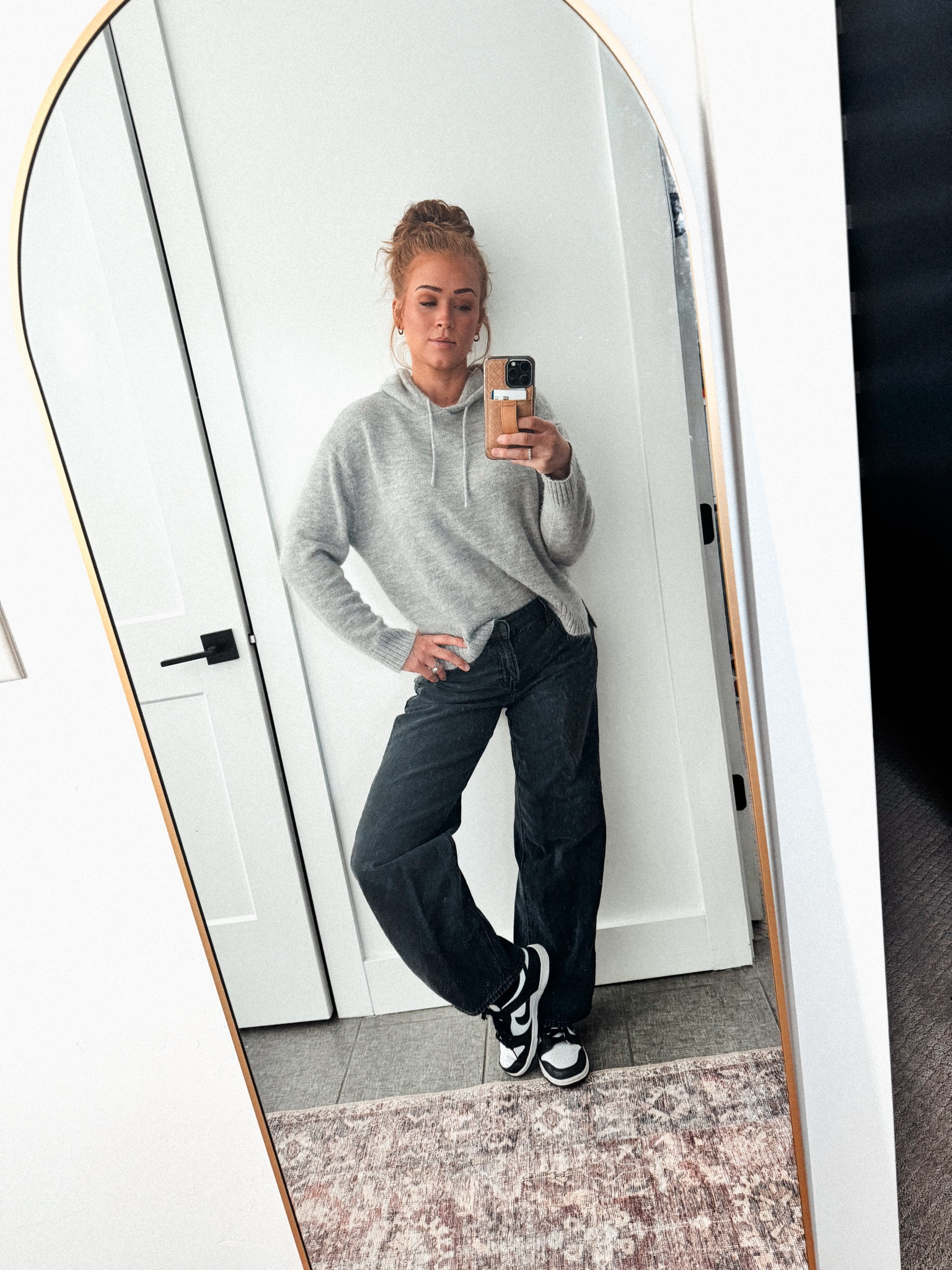 Size down a size with the jeans! I didn’t and wished I had. They stretch out as you wear them! So comfy and definitely recommend these! 