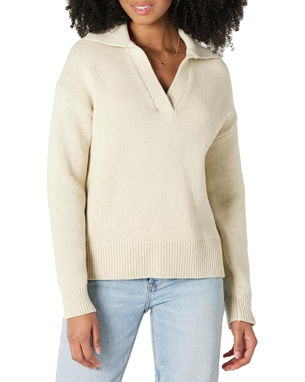Amazon Essentials Women's Relaxed-Fit Heavyweight Cotton Long Sleeve V Neck Polo Pullover Sweater | Amazon (US)