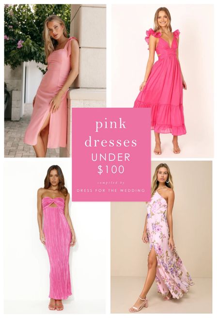 Pink dresses under $100, affordable wedding guest dress options for spring and summer wedding season. Dresses for a wedding under $100. Lulus dresses, Petal and Pup, dress, Hello Molly dress. 🌸 Follow Dress for the Wedding for more wedding guest dresses, bridesmaid dresses, wedding dresses, and mother of the bride dresses. 

#LTKFindsUnder100 #LTKWedding #LTKSeasonal