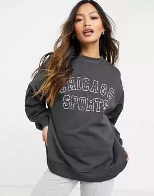 ASOS DESIGN sweatshirt with chicago sport graphic in charcoal | ASOS (Global)