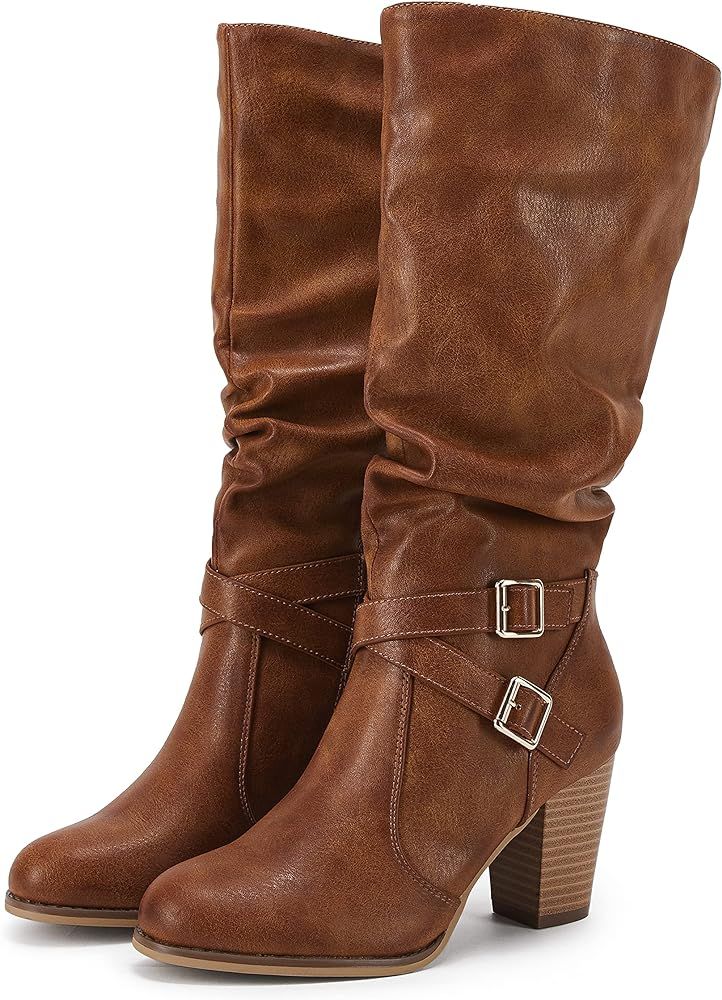 Ermonn Womens Mid Knee High Boots Chunky Heel Slouchy Metal Buckle Side Zipper Fashion Winter Sho... | Amazon (US)