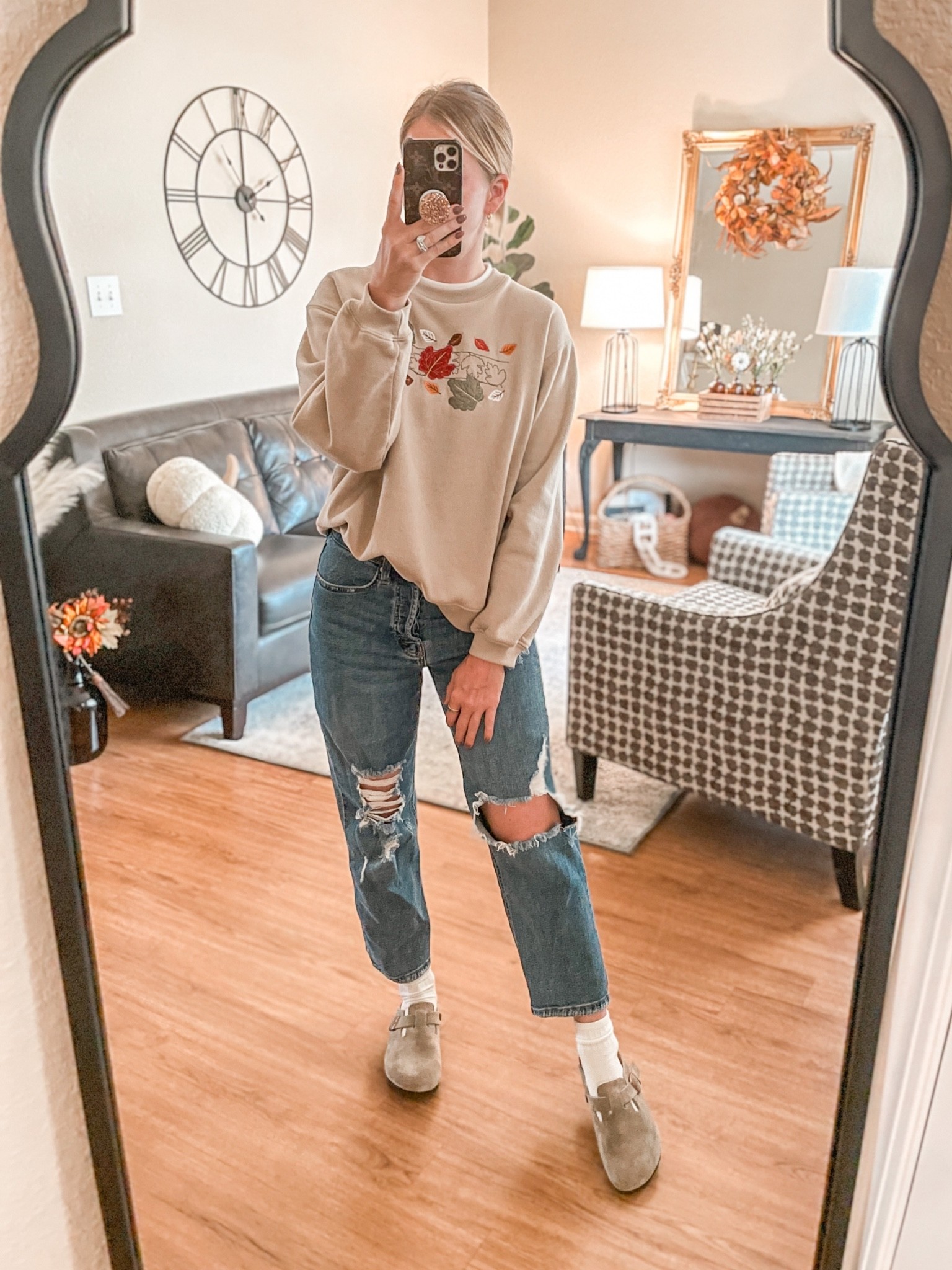 Fall outfit, Birkenstock Boston clogs outfit, suede clogs, distressed mom jeans, straight leg jeans, clogs and socks, oversized sweatshirt, vintage sweatshirt, vintage outfit mom outfit 

#LTKshoecrush #LTKSeasonal