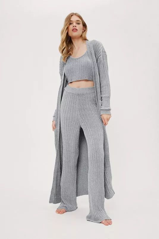 Ribbed Chenille Cardigan and Wide Leg Pants 3pc Set | Nasty Gal (US)