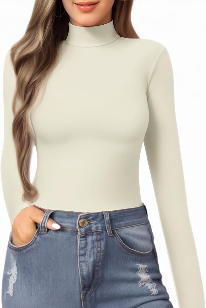 MANGOPOP Women's Mock Turtle Neck Slim Fit Long Sleeve T Shirt Tight Tops Tee | Amazon (US)