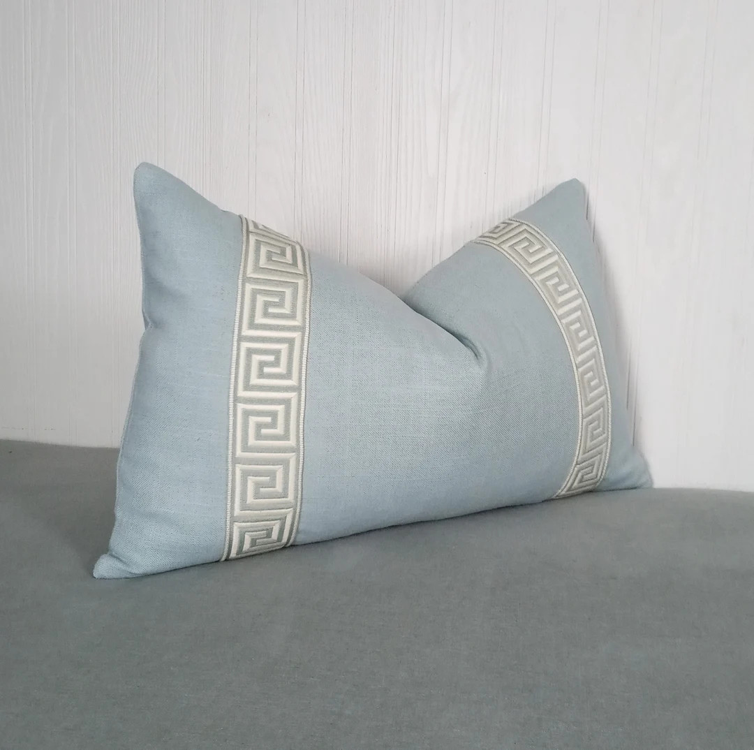 Blue Pillow Cover Light Blue Linen Rayon With Greek Key Trim FREE PIPING 13x20 14x22 16x24 Lumbar... | Etsy (US)