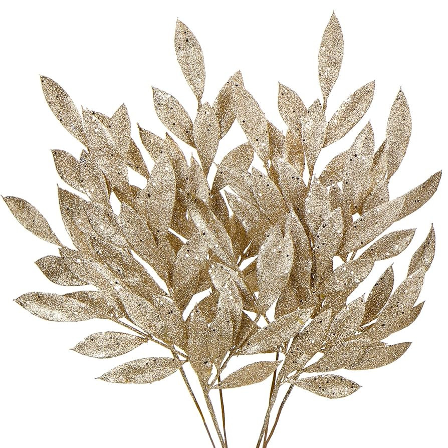 DILATATA 6Pcs Christmas Glitter Leaves Bay Leaves Spray 24" Artificial Champagne Bay Leaf Picks S... | Amazon (US)