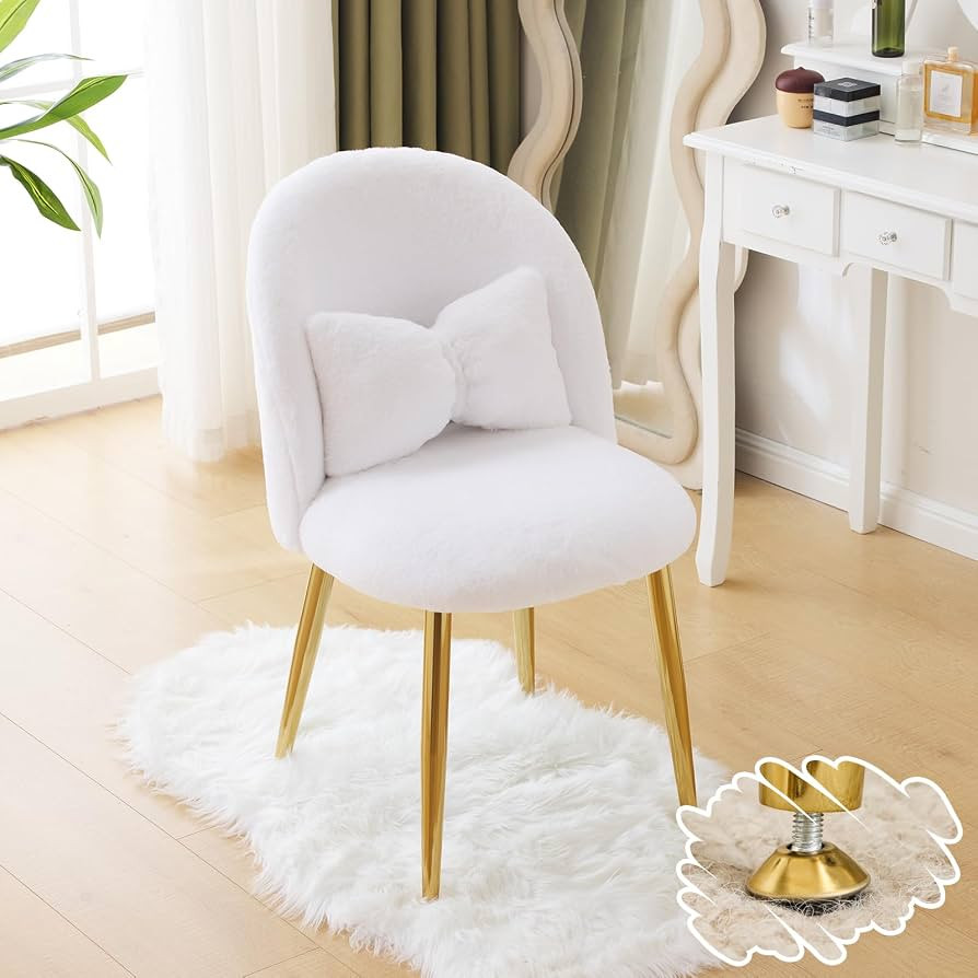 VINGLI Fluffy Girls Vanity Chair with Back & Pillow,Cute Small Cozy Desk Chair No Wheels,Comfy Ma... | Amazon (US)
