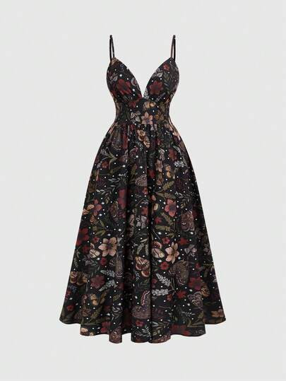 ROMWE Fairycore Spring/SummervacationflowerPlus Size Summer Casual Hippie Floral Print Sleeveless... | SHEIN