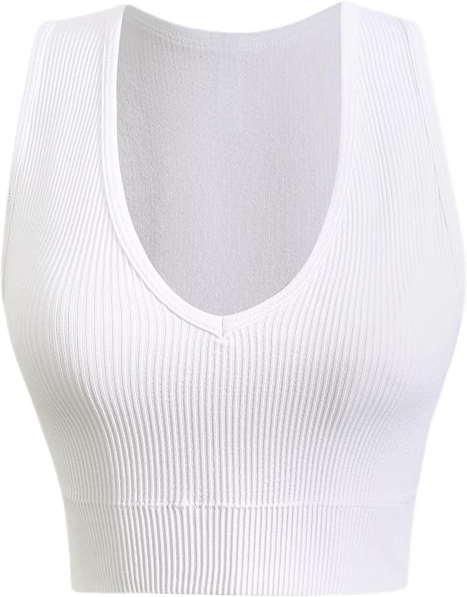 Women's 3 Pack Ribbed Racerback Crop Tank Top Seamless V-Neck Athletic Workout Cropped Tank Top S... | Amazon (US)