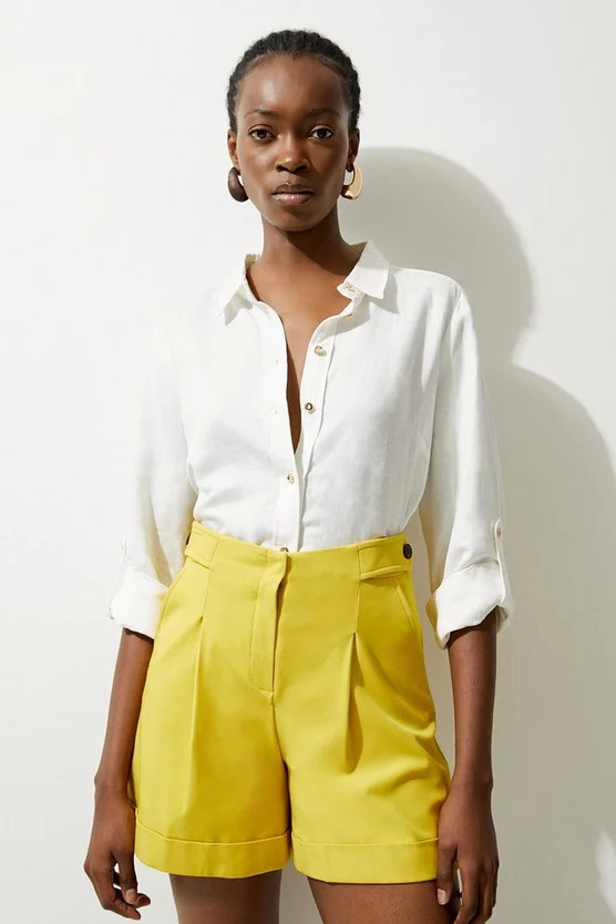 Viscose Stretch Cotton Waist Tab Detail Tailored Shorts | Karen Millen US