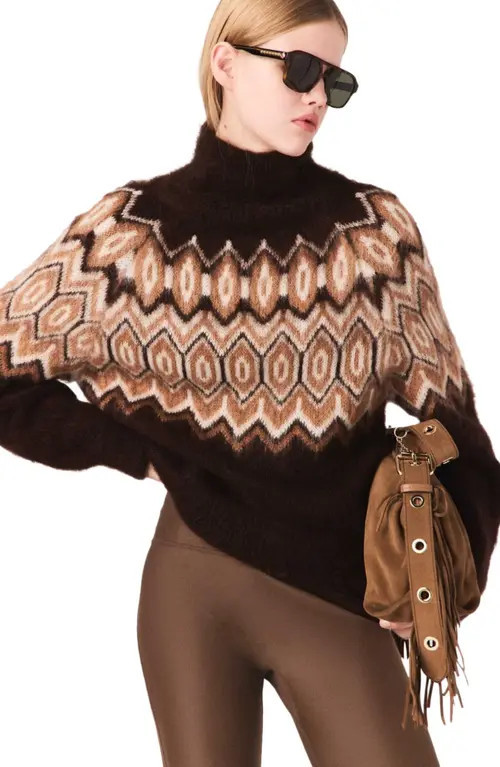maje Fair Isle high-neck sweater in Dark Brown at Nordstrom, Size Medium | Nordstrom