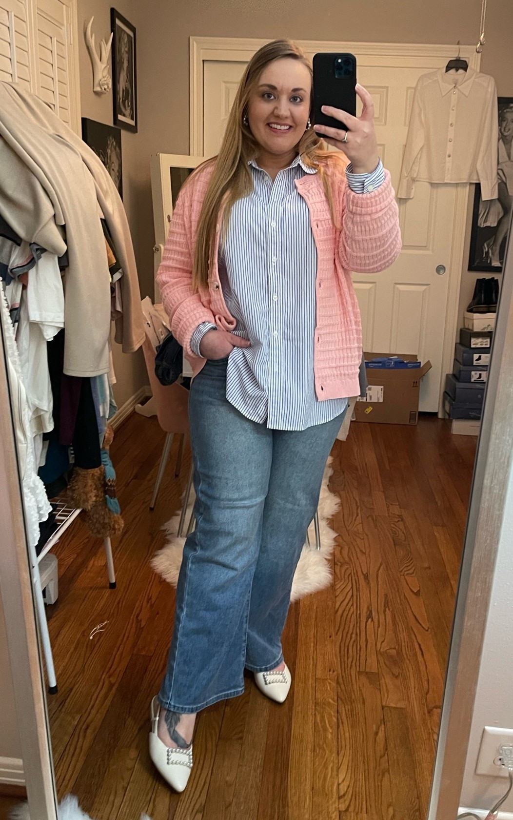 Spring style, spring outfit, high waisted jeans, cider jeans, Amazon jeans, Amazon style, Amazon outfit, striped button down, button down shirt, pink cardigan, cardigan sweater, gender reveal, casual style, casual Friday, work outfit, workwear, work style

#LTKootd #LTKBump #LTKMidsize