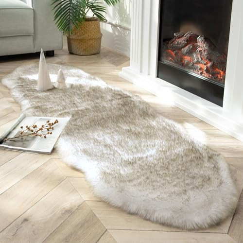 Ashler Home Deco Ultra Soft Faux Fox Fur Rug White Brown Fluffy Area Rug, Carpets Fluffy Rug Chair for Bedroom Floor Sofa Living Room 2 x 6 Feet | Amazon (US)