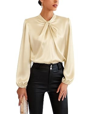 GRACE KARIN Women's Long Sleeve Satin Blouse,Mock Neck Work Silk Shirts,Dressy Tops for Business ... | Amazon (US)