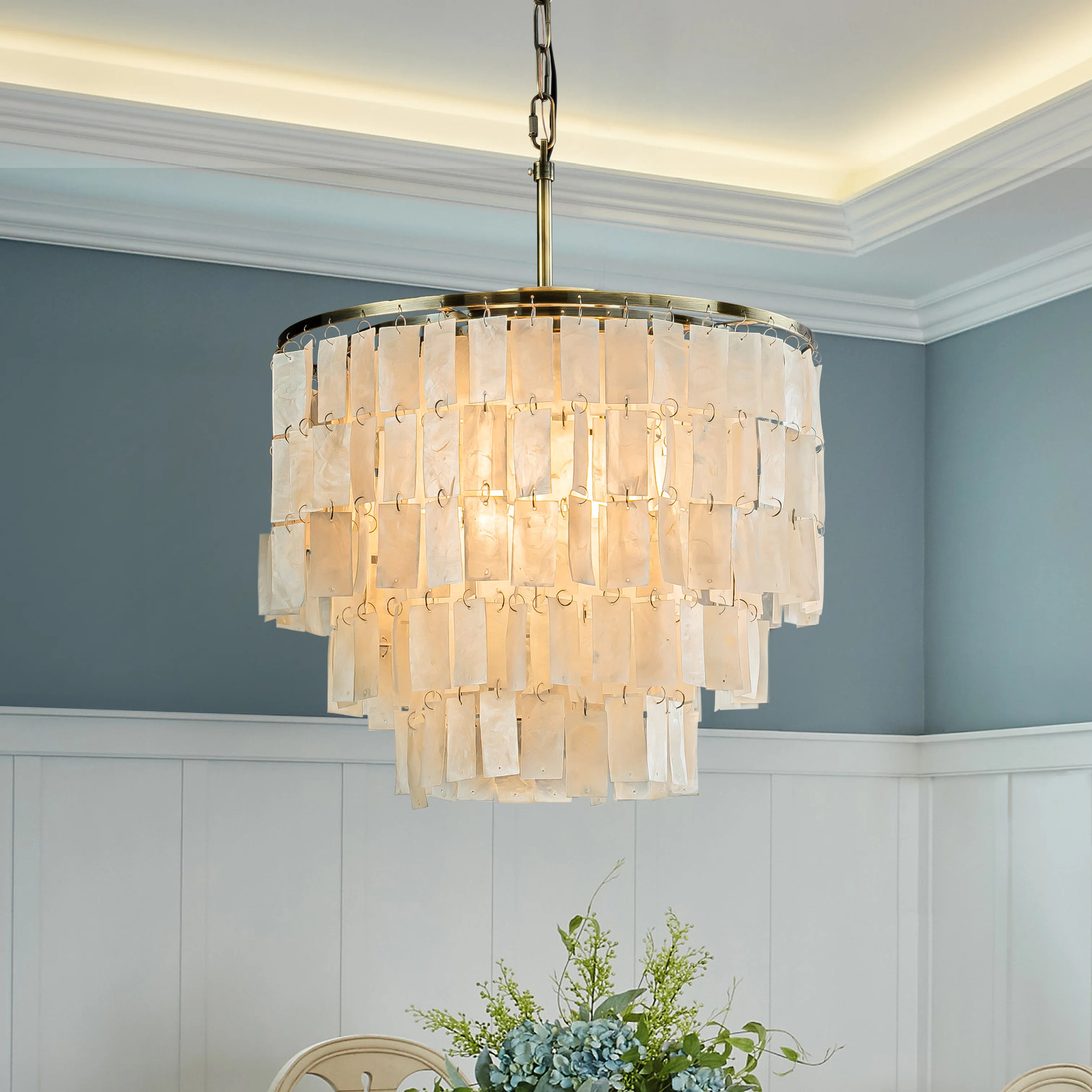 Pettisville Farmhouse Coastal Shell / Capiz Tiered Chandelier in Antique Bronze | Wayfair North America