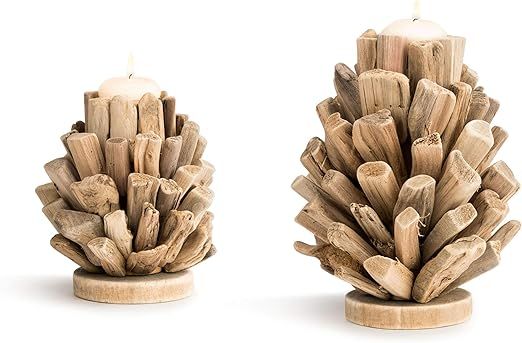 Driftwood Pinecone Natural Brown 8 x 6 Wood and Glass Candle Holder Set of 2 | Amazon (US)