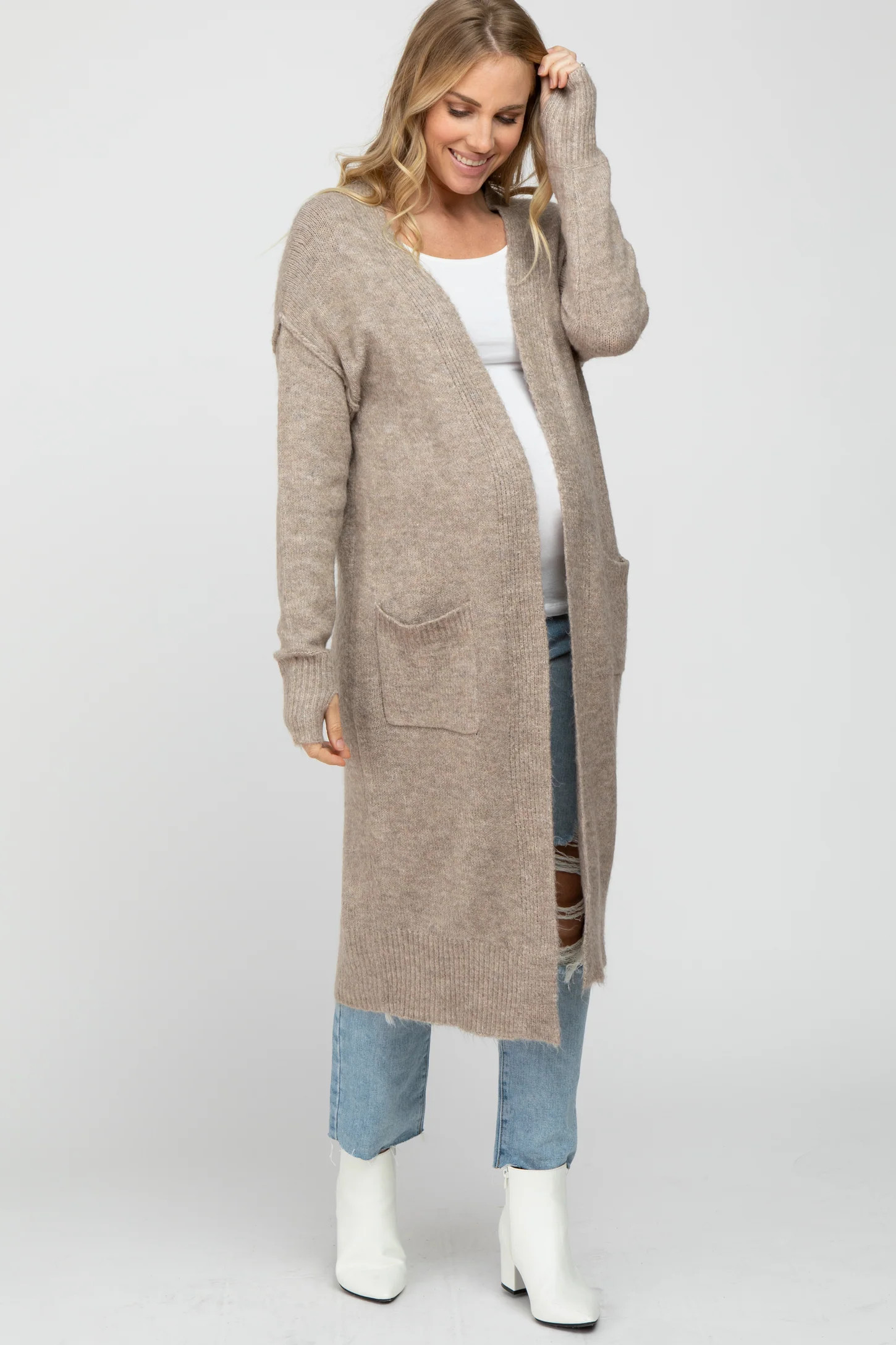 Taupe Long Chunky Knit Maternity Cardigan | PinkBlush Maternity