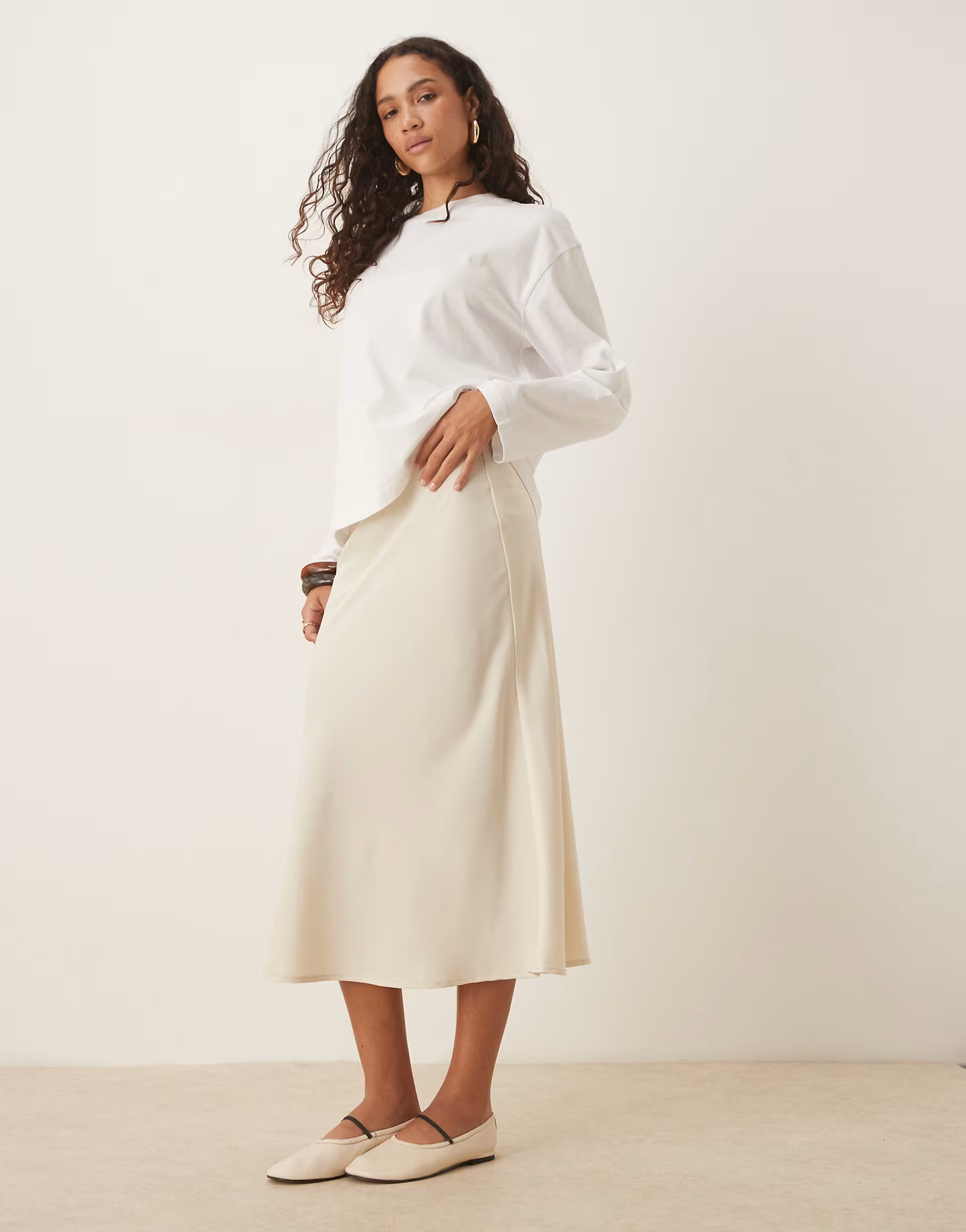 YAS satin midi skirt in birch cream | ASOS (Global)