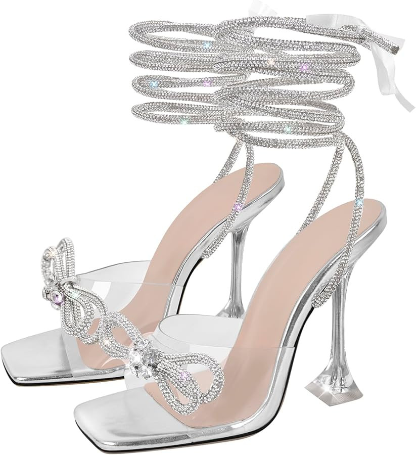 sexytag Clear Heels Diamante Bow Heels Lace Up Strap Rhinestone Sparkly Stiletto Heel Sandals | Amazon (US)