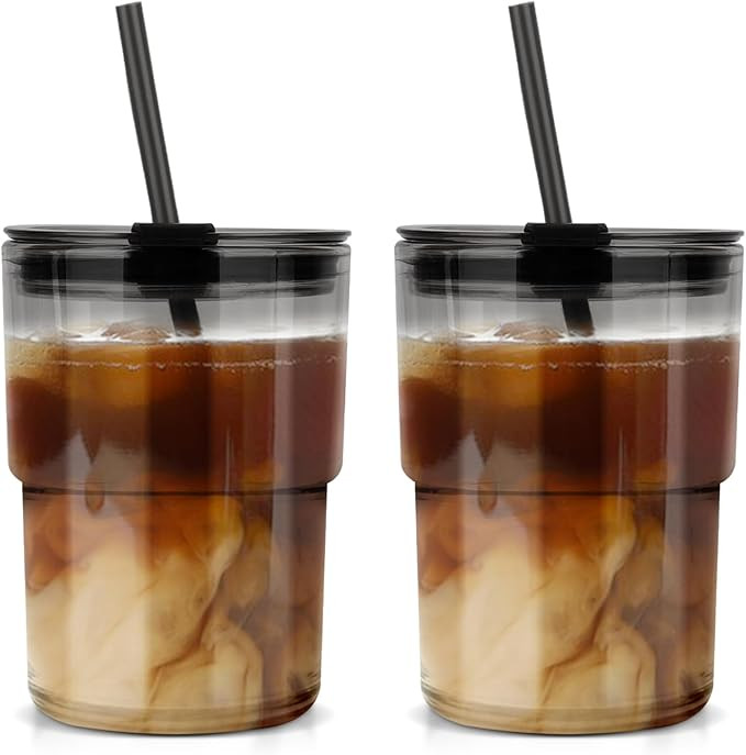 13oz Tumbler Water Glass with Straw and Lid, 2 Pack Coffee Cups, Sealed Carry-On Glass Water Cup,... | Amazon (US)