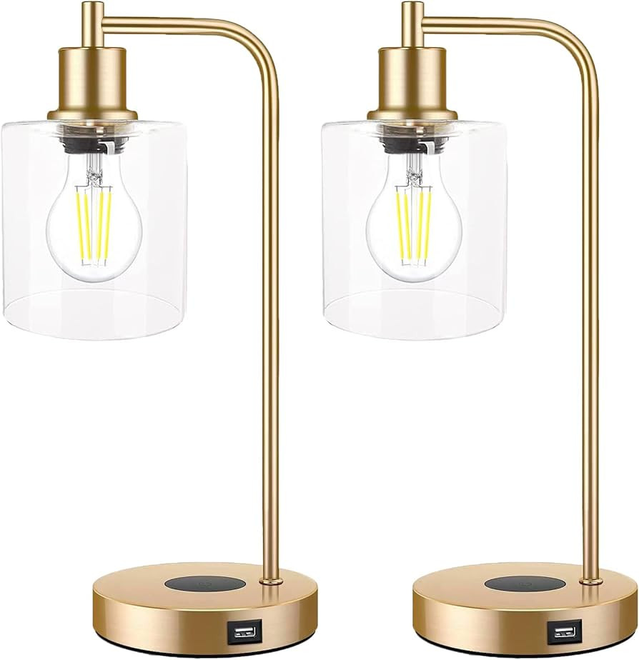 liveMAX Set of 2 Wireless Charging Industrial Desk Lights, Gold Three Way Touch dimmable Desk Lig... | Amazon (US)