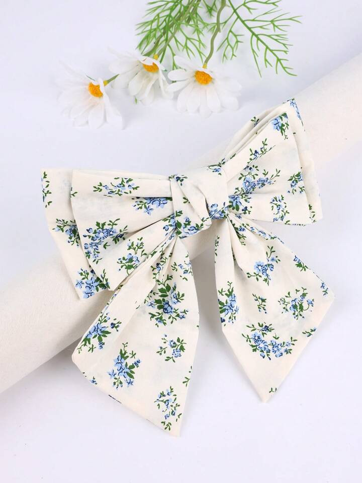 1pc Flower Pattern Sailor Hair Bows For Girls,Double Layer Blue Floral Fabric Bow French Clips,El... | SHEIN
