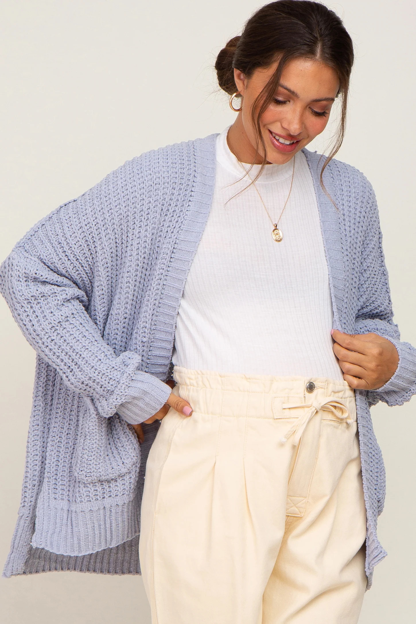 Light Blue Chunky Knit Oversized Maternity Cardigan | PinkBlush Maternity