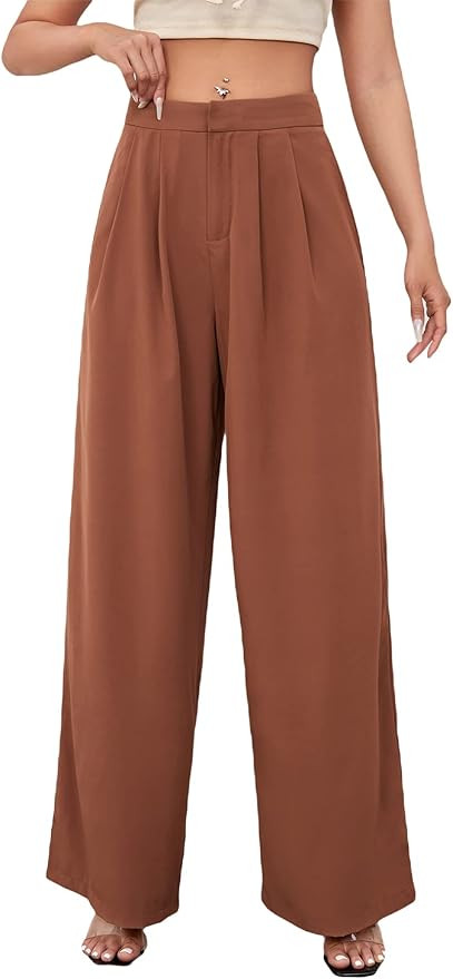 Floerns Women's Casual High Waisted Pleated Wide Leg Palazzo Pants Trousers | Amazon (US)
