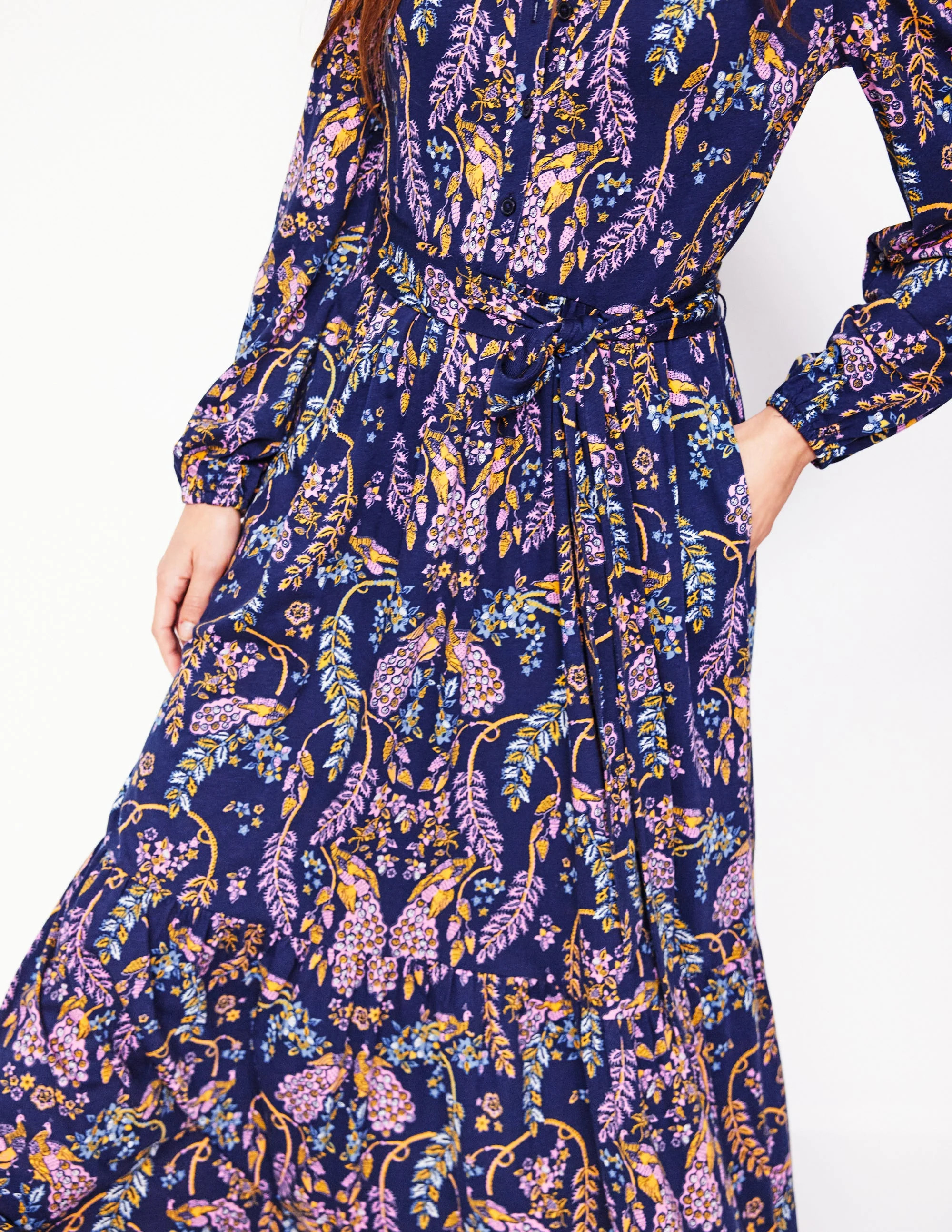 Willow Tiered Jersey Dress-French Navy,Enchanting Peacock | Boden (US)