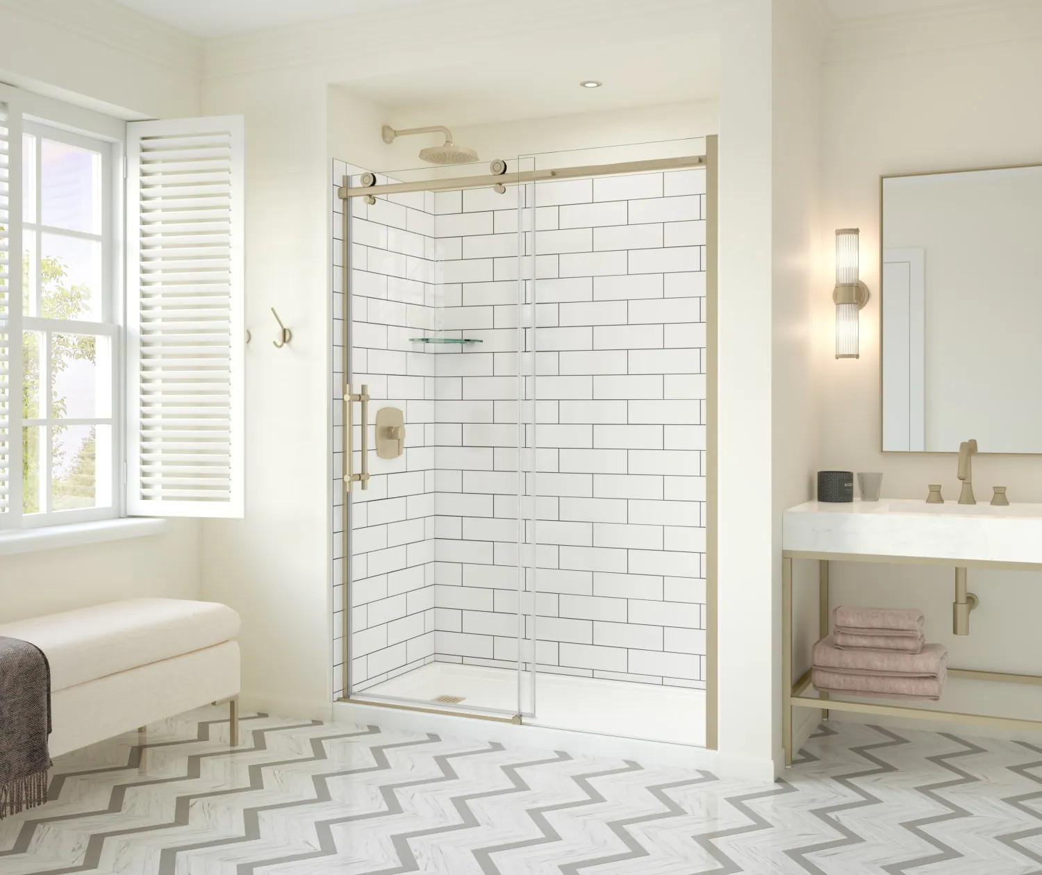 MAAX Odyssey Brushed Gold 57-in to 59-in W x 78-in H Frameless Clear Glass Sliding Soft Close Shower door one_size | 137420-900-343-000 | Lowe's
