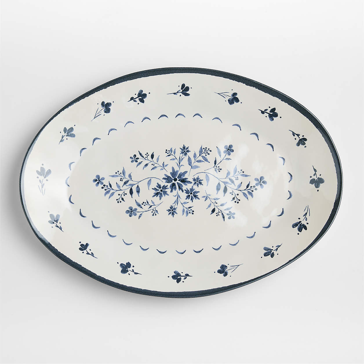 Marin Botanical White and Blue Stoneware Oval Salad Platter + Reviews | Crate & Barrel | Crate & Barrel