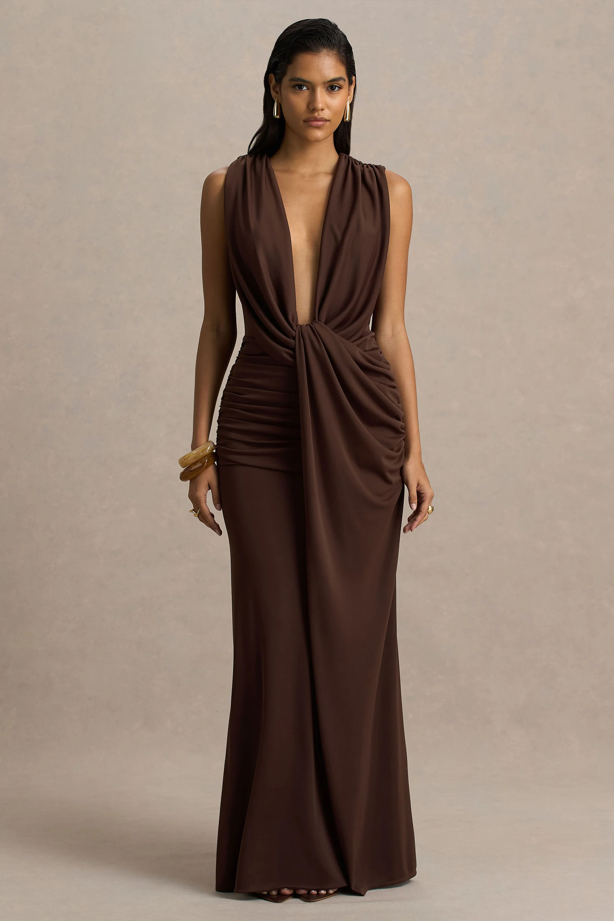 Serafina  Chocolate Extreme-Plunge Neck Maxi Dress With Wrap And Ruched Details | Club L London