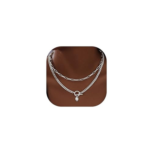 Poxtex Chunky Silver Pearl Necklaces for Women Non Tarnish Layered 925 Sterling Silver Plated Paperclip Cuban Link Chain Necklace Trendy Dainty Stacked Toggle Choker Necklaces Set Jewelry Gifts | Amazon (US)